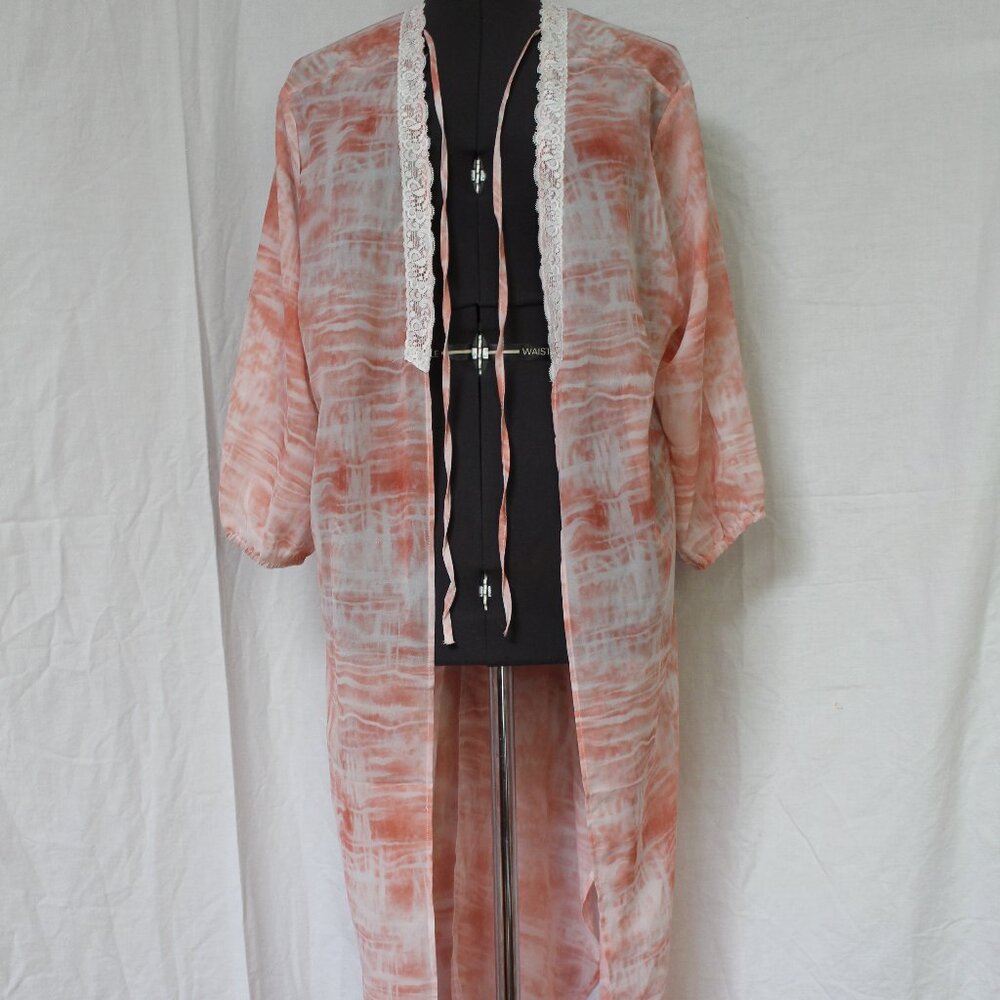 NWT Jen & Co Orange Sheer Floral Coverup Nightgown with Lace Tie Neck